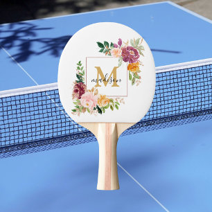 Raquette De Ping Pong Monogramme Aquarelle Roses Colorées Fleur Floral