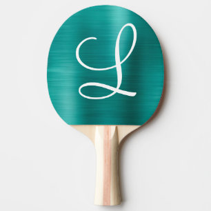 Raquette De Ping Pong Monogramme blanc Turquoise en métal brossé chic