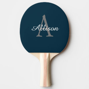 Raquette De Ping Pong Monogramme bleu marine moderne Script personnalisé