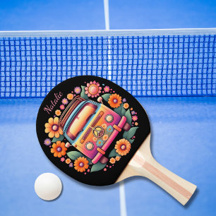 Raquette De Ping Pong Monogramme de bus à fleurs des années 1960