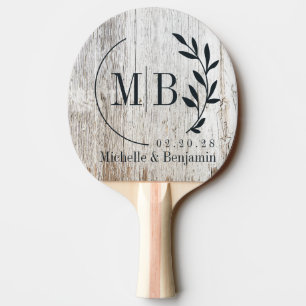 Raquette De Ping Pong Monogramme de mariage en bois blanchi patiné à mot