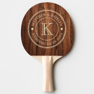 Raquette De Ping Pong Monogramme de mariage en bois de cerisier antique
