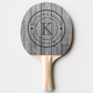 Raquette De Ping Pong Monogramme de mariage en bois gris foncé propre