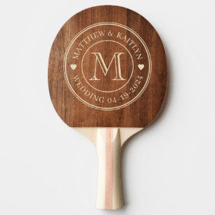 Raquette De Ping Pong Monogramme de mariage en forme de cœur en bois de