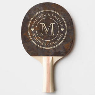 Raquette De Ping Pong Monogramme de mariage en forme de cœur en tôle rou