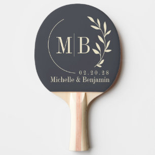 Raquette De Ping Pong Monogramme de mariage feuille grise méditerranéenn