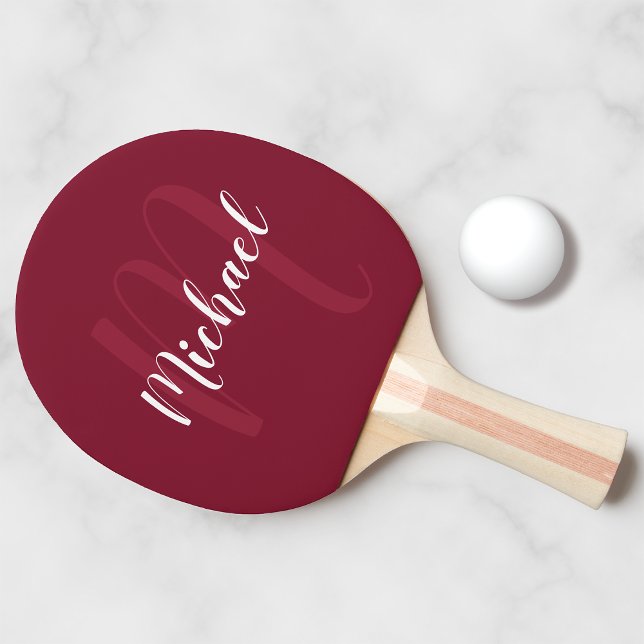Raquette De Ping Pong Monogramme de script personnalisé et nom Bourgogne (Créateur téléchargé)
