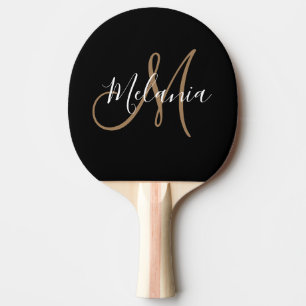 Raquette De Ping Pong Monogramme d'or noir élégant élégant Script Ping