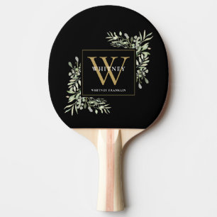 Raquette De Ping Pong Monogramme doré Élégant Moderne Verdure Noir