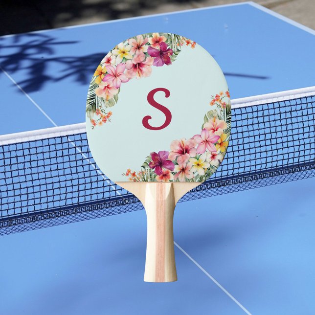 Raquette De Ping Pong Monogramme Hibiscus rose Fleurs tropicales florale (In situ)