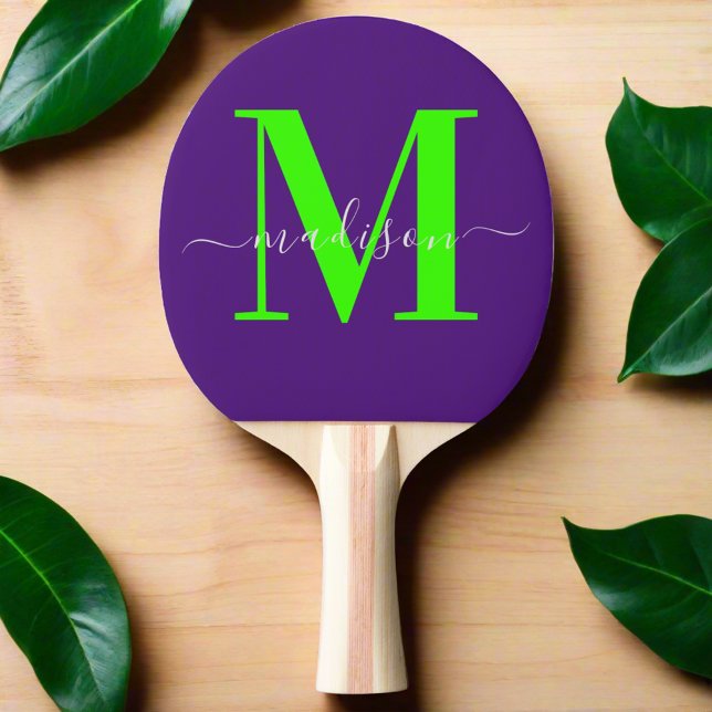 Raquette De Ping Pong Monogramme initial unique violet et vert néon gras (Créateur téléchargé)