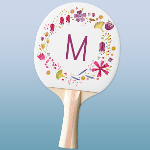 Raquette De Ping Pong Monogramme Moderne Aquarelle Florale