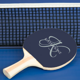 Raquette De Ping Pong Monogramme moderne élégant Script Marine Bleu