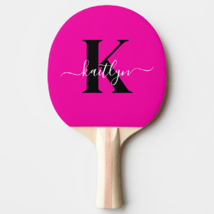 Raquette De Ping Pong Monogramme moderne rose noir écriture script