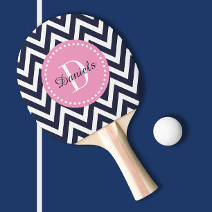 Raquette De Ping Pong Monogramme Navy et Pink Chevron