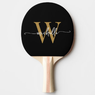 Raquette De Ping Pong Monogramme personnalisé Noir moderne Nom Script