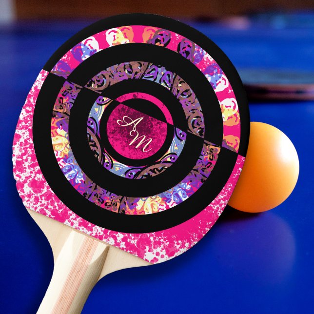 Raquette De Ping Pong Monogramme rose moderne Mandala (Créateur téléchargé)