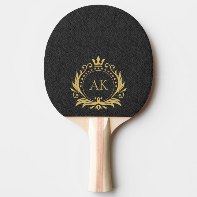 Raquette De Ping Pong Monogramme simple Couronne or en cuir noir (Devant)