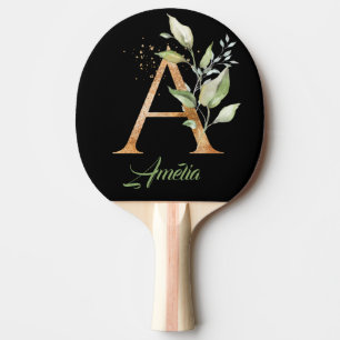 Raquette De Ping Pong Monogramme Une feuille d'or à l'eucalyptus vert