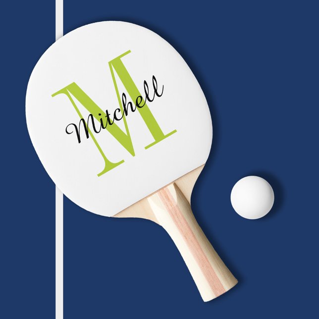 Raquette De Ping Pong Monogramme vert et nom personnalisé (Créateur téléchargé)