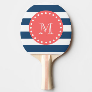 Raquette De Ping Pong Motif blanc de rayures de bleu marine, monogramme