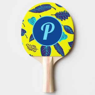 Raquette De Ping Pong Motif de feuille tropicale jaune vif en monogramme