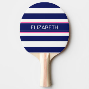 Raquette De Ping Pong Navy Blue Wht Horiz Stripe Hot Pink Nom Monogramme