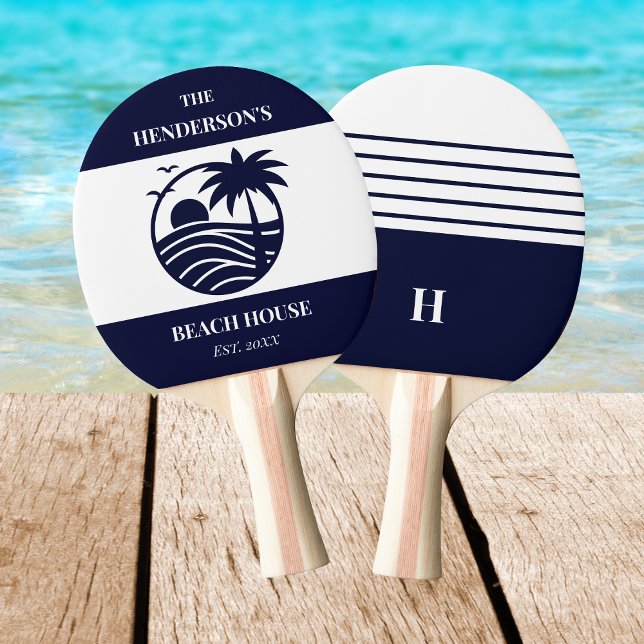 Raquette De Ping Pong Navy Stripes Palm Tree Monogram Family Coastal (Créateur téléchargé)