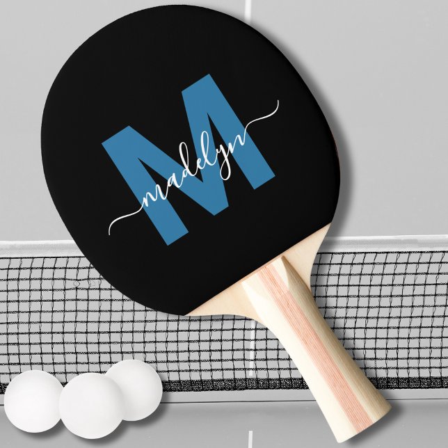 Raquette De Ping Pong Noir Bleu Élégant Nom de script Monogramme (Black Blue Elegant Script Name Monogram Ping Pong Paddle)