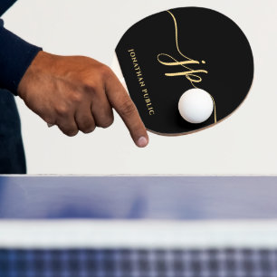 Raquette De Ping Pong Noir Moderne Élégant Or Nom initial Monogramme