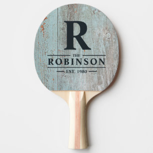 Raquette De Ping Pong Nom de famille et initiale en bois peint bleu