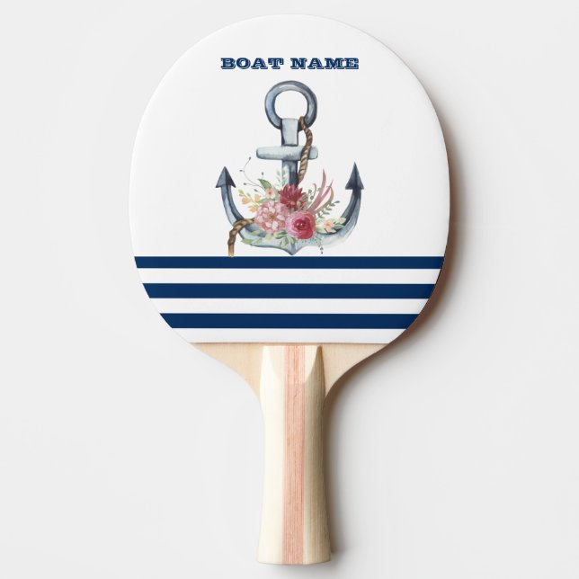 Raquette De Ping Pong Nom du bateau, Fleurs d'Ancres Bleus de marine (Devant)