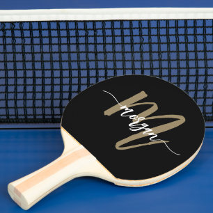 Raquette De Ping Pong Nom du monogramme Black Gold Modern Script