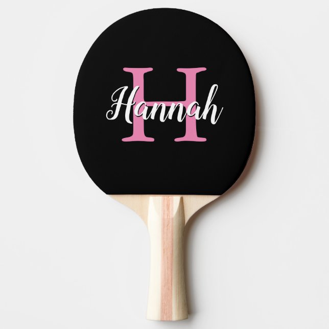 Raquette De Ping Pong Nom du monogramme de script noir rose minimaliste (Devant)