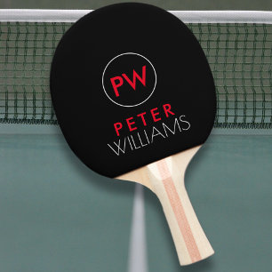 Raquette De Ping Pong Nom et initiales monogramme sur cool noir