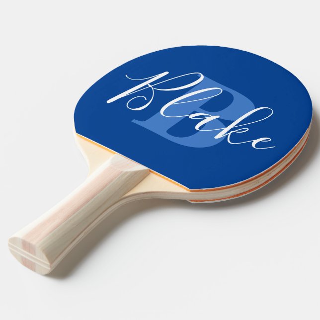 Raquette De Ping Pong Nom monogramme bleu travail d'équipe personnalisé (Devant Angle)