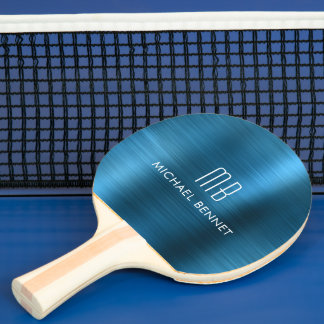 Raquette De Ping Pong Nom Monogramme Métallisé Bleu Foncé