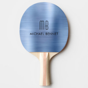 Raquette De Ping Pong Nom Monogramme Métallisé Faux Bleu Élégant