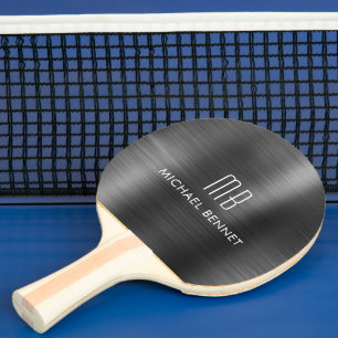 Raquette De Ping Pong Nom Monogramme Métallisé Noir Élégant