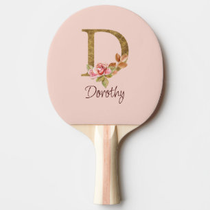 Raquette De Ping Pong Nom personnalisé Blush Roses Lettre D en or
