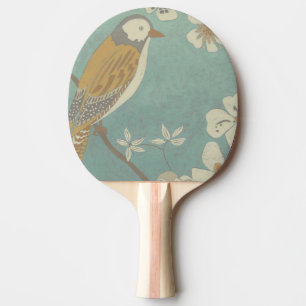 Raquette De Ping Pong Oiseau jaune, gris et beige été perché sur une