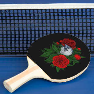 Raquette De Ping Pong Oiseau sur un bouquet de pivoine rouge