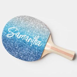Raquette De Ping Pong Paillettes Bleu Azur Argent Luxe