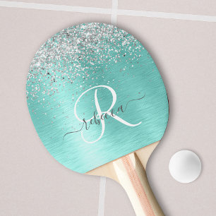 Raquette De Ping Pong Parties scintillant argentée turquoise en métal br