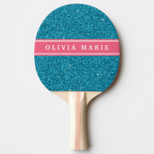 Raquette De Ping Pong Parties scintillant bleue (faux) Nom personnalisé