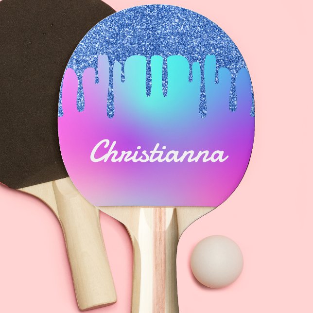 Raquette De Ping Pong Parties scintillant Bleue Fluorescent Neon Rose &  (Blue Glitter Drip Fluorescent Neon Pink & Purple Ping Pong Paddle)