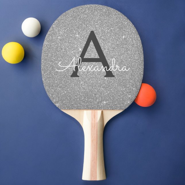 Raquette De Ping Pong Parties scintillant en argent de luxe et Monogramm (Créateur téléchargé)