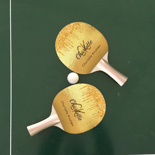Raquette De Ping Pong Parties scintillant or goutte monogramme nom éléga (Créateur téléchargé)
