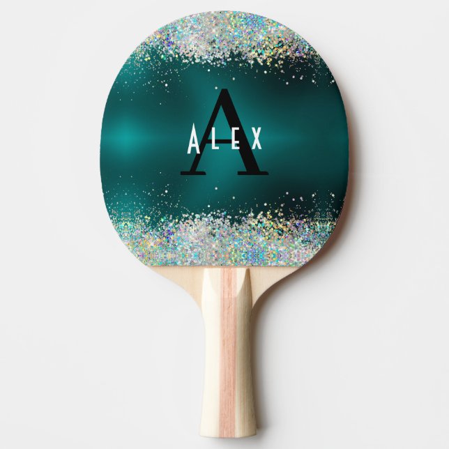 Raquette De Ping Pong Parties scintillant Turquoise bleue Monogramme Ajo (Devant)