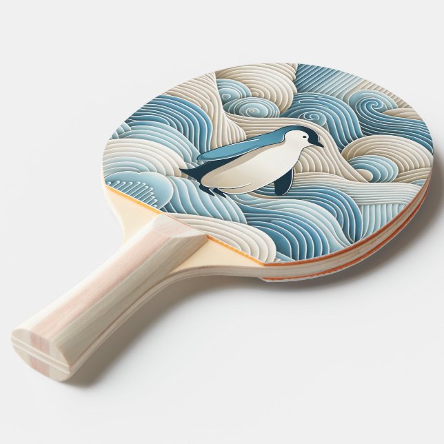 Raquette De Ping Pong Pingouin En Crème Bleu Vagues Abstraites (Devant Angle)